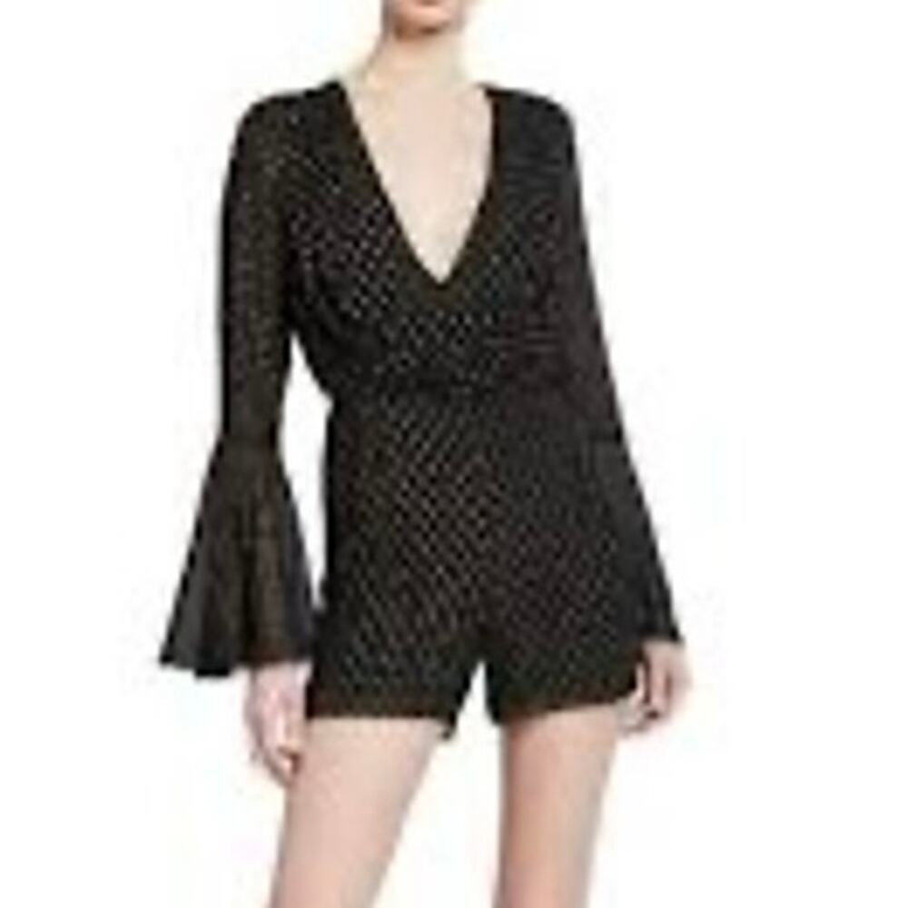 New Jay Godfrey Black Gold Metallic Polka Dot Romper Long Bell Sleeve Sz 6‎